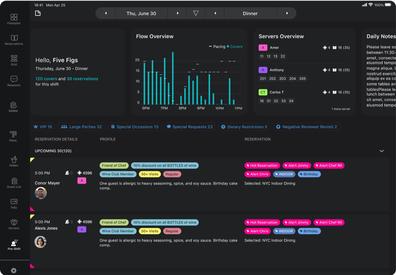 SevenRooms Pre-Shift view — cover flow, server overview and reservation detail with guest tags